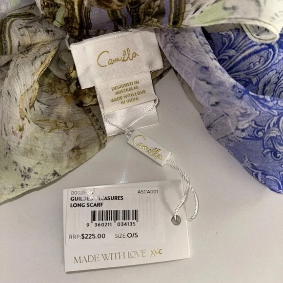 Camilla “Guilded Pleasures” blue white silk long scarf shawl belt top headwrap